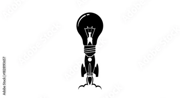 Obraz A black and white graphic of a lightbulb on top of a rocket launching upwards into the sky silhouette