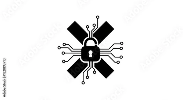 Obraz A black and white graphic of a padlock with a circuit board and crossed bars on a white background silhouette