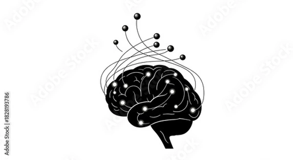 Obraz Stylized brain with connections represented by lines and spheres on a white background silhouette