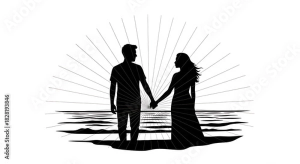 Obraz Silhouette of couple holding hands on a beach with sun rays in a black and white illustration