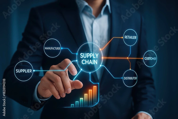 Obraz Supply chain supplier manufacturer retailer customer distributor business concept with digital interface and growth chart in hand of businessman
