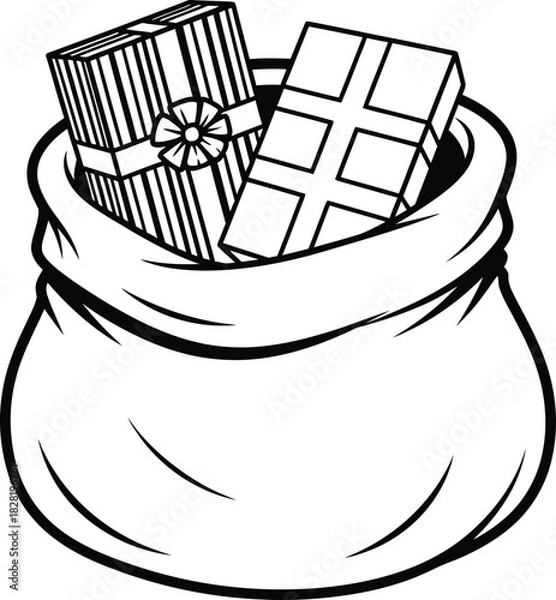 Obraz Santa sack with present boxes for celebrating new year and holiday season. Present boxes with traditional ornament decoration in a flat design in black and white.