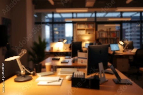 Fototapeta Generative AI: Blurred office workspace reflecting evening productivity.