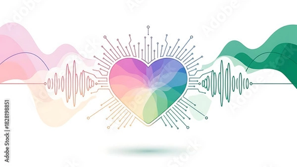 Fototapeta A digital heart with colorful waves and circuit connections on a white background design concept ai generated