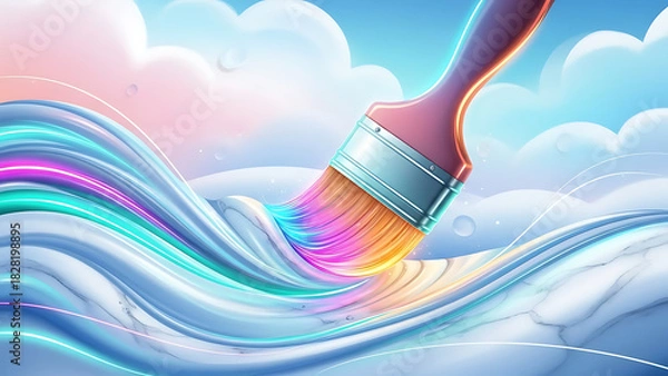 Fototapeta A paintbrush creating colorful strokes on a wavy surface with a cloudy sky background art concept ai generated