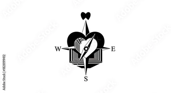 Fototapeta A compass with a heart shape and a geometric tunnel design in black and white on a white background ai generated