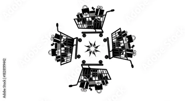 Fototapeta Four shopping carts filled with gifts arranged around a starburst design in black and white ai generated