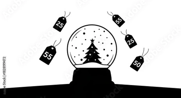 Fototapeta A snow globe with a tree inside and price tags floating around in a black and white illustration ai generated