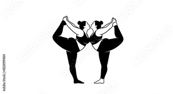 Fototapeta Two women in yoga pose touching toes in black and white minimalist illustration style design art ai generated