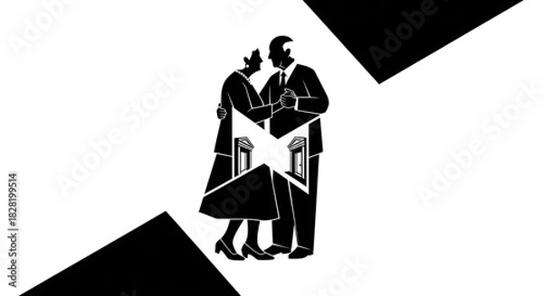 Fototapeta Elderly couple dancing in black and white with doorway design in the center of their bodies ai generated