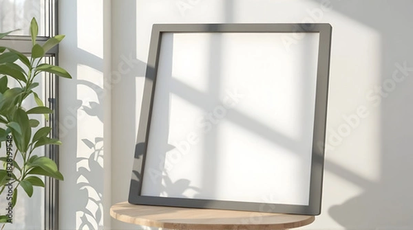 Fototapeta Empty Picture Frame on Round Wooden Table Near Sunlit Window with Green Plant
