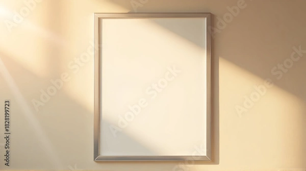 Fototapeta Empty White Framed Canvas on Neutral Wall with Sunlight Shadows