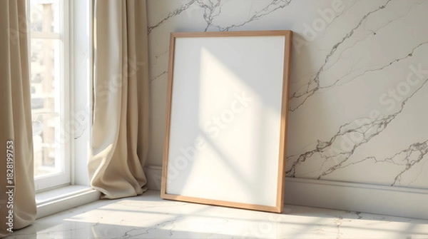 Fototapeta Empty Whiteboard Frame Near Sunlit Window with Beige Curtains in Modern Room