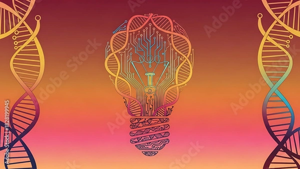 Fototapeta Illustration of dna strands and lightbulb circuit on a gradient background with shades of orange and pink ai generated