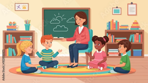 Fototapeta A dedicated teacher conducting a fun and interactive lesson for a diverse group of young children in a vibrant preschool classroom