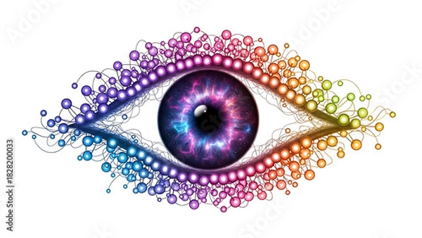 Fototapeta A stylized eye with a galaxy inside and connected colorful spheres on a white background ai generated
