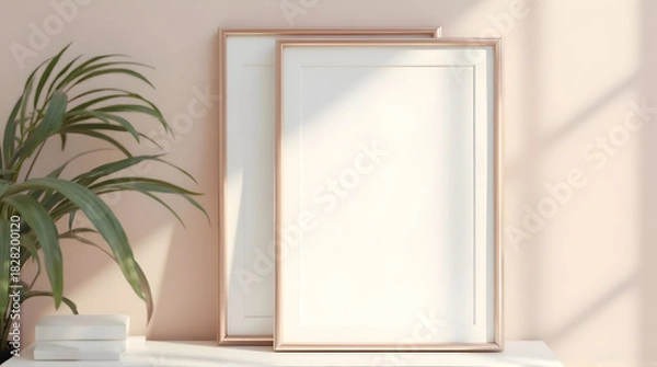 Fototapeta Minimalist Empty Picture Frames on Wall with Plant and Natural Light