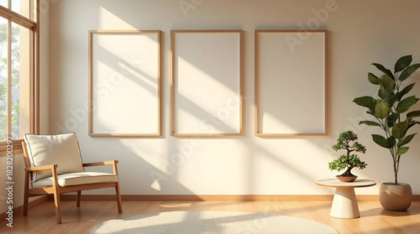 Fototapeta Minimalist Interior Room with Empty Frames and Indoor Plants in Warm Natural Light