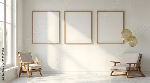 Fototapeta Minimalist Modern Interior with Wooden Armchairs and Large Wall Art