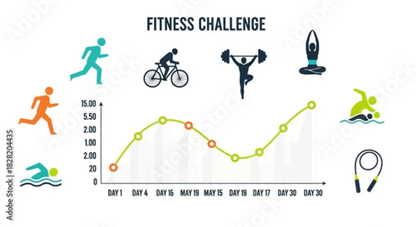 Obraz An illustration of a fitness challenge tracking progress over 28 days with various exercise icons and a performance graph.