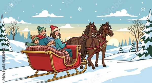 Obraz Family riding in a horse-drawn sleigh through a snowy winter landscape.