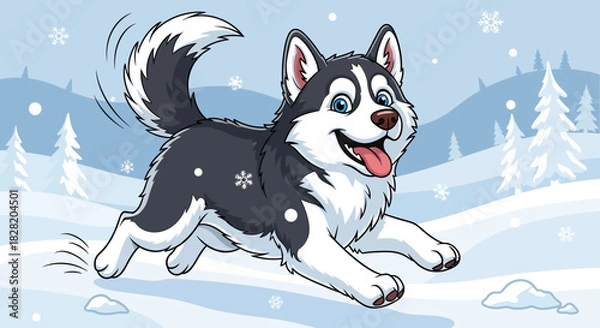 Obraz A happy cartoon Siberian Husky dog running playfully through a snowy winter landscape with trees.