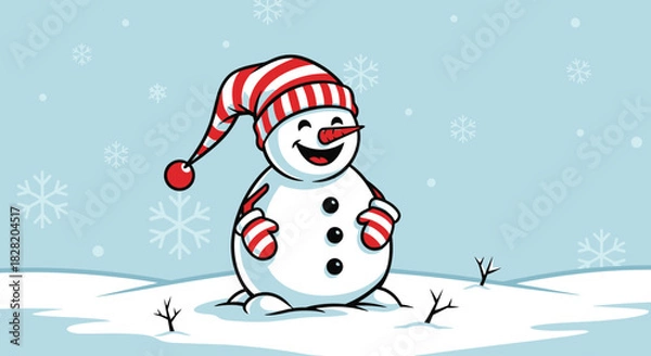 Obraz A cheerful snowman with a striped hat and mittens stands in a snowy winter scene with falling snowflakes.