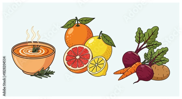 Obraz A vibrant illustration showcasing a bowl of steaming soup, a selection of citrus fruits, and a bunch of root vegetables.