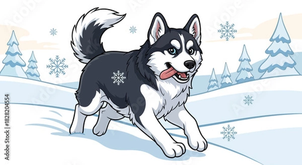Obraz A happy cartoon husky dog running through a snowy winter landscape with snowflakes and pine trees.