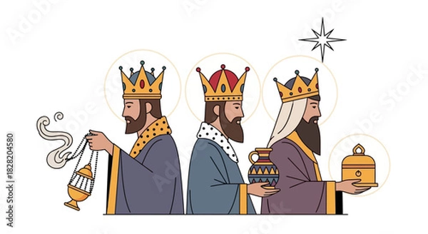 Obraz Three wise men, also known as the Magi, bearing gifts of frankincense, myrrh, and gold, following the Star of Bethlehem.