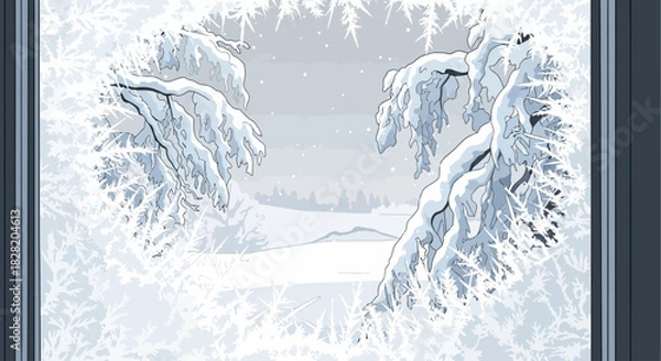 Obraz A serene winter landscape with snow-covered trees viewed through a frosted window pane.