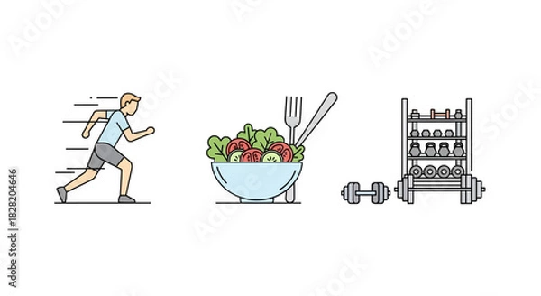 Obraz Three line art icons representing a healthy lifestyle: running, a salad bowl, and gym weights.