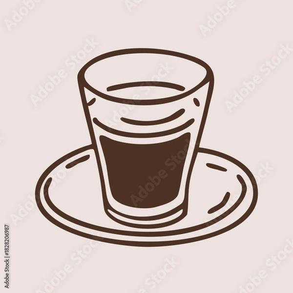Fototapeta Espresso shot glass on saucer in outline style. Hand drawn vector isolated illustration. 