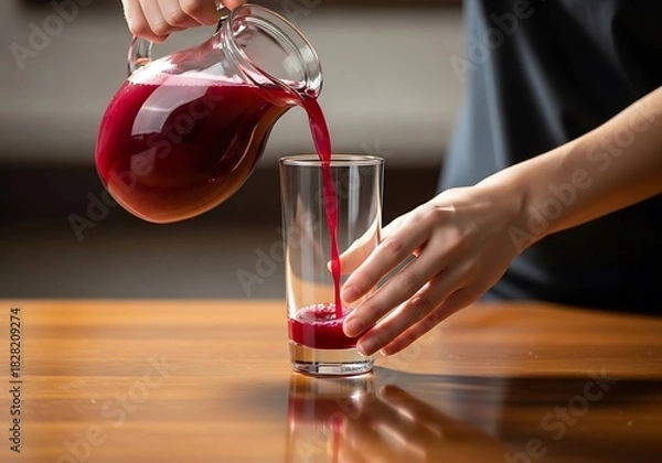Fototapeta Refreshing berry beverage being poured from pitcher into elegant glass