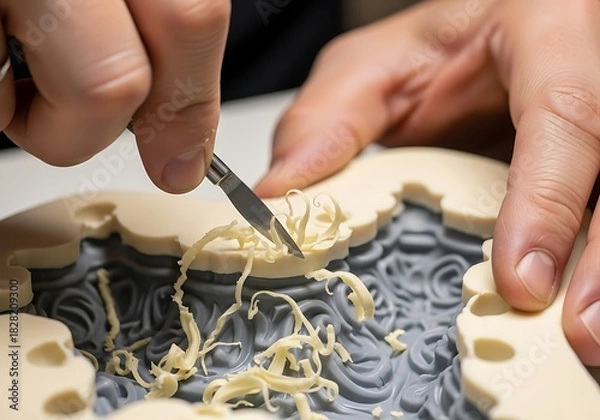 Fototapeta Sculptor meticulously carving delicate details into a miniature model