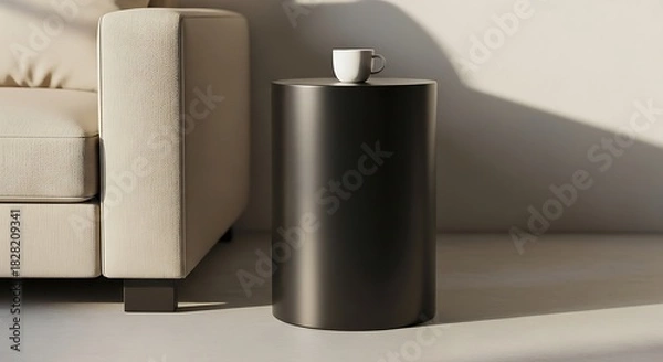 Fototapeta Sofa, table and mug in a simple and clean room design concept render