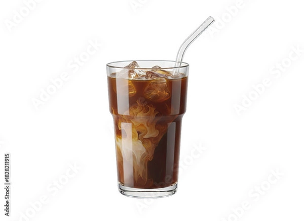 Obraz Refreshing Iced Latte with Cream Swirls in a Tall Glass with Straw Isolated on a Pure White Background with Soft Lighting