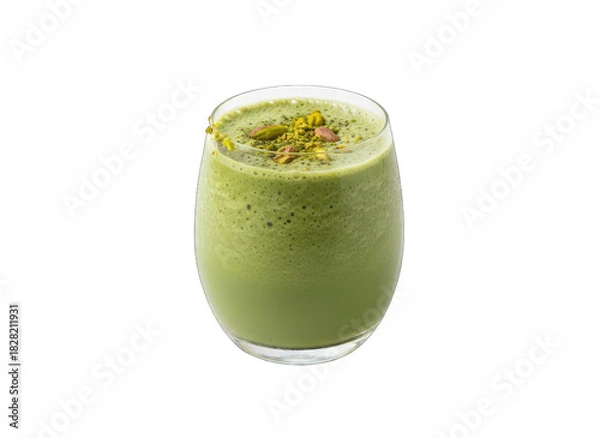Obraz Refreshing Green Matcha Smoothie Topped with Crushed Pistachios and Sprinkles in a Clear Glass Isolated on a Black Background Perfect for Healthy Lifestyle Promotions