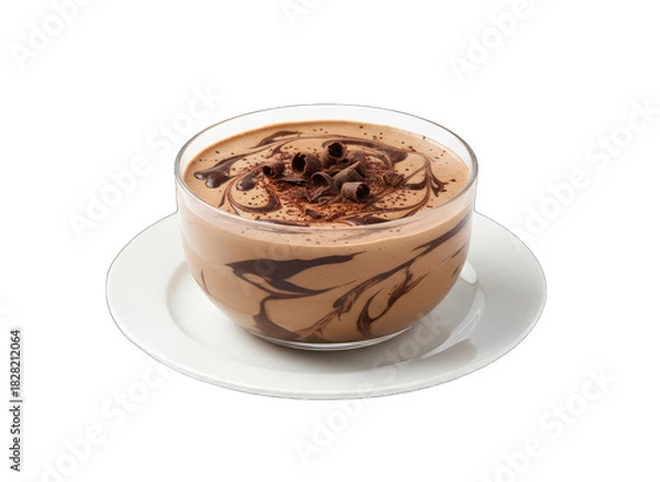 Obraz Rich Chocolate Mousse Dessert in a Clear Glass Bowl Topped with Chocolate Shavings and Swirls on a White Saucer Isolated on Black Background Studio Shot