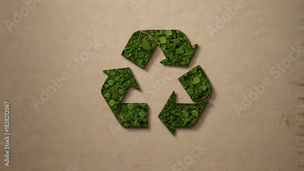 Obraz Green recycling symbol made of grass on a textured recycled paper background, representing environmental conservation and sustainability