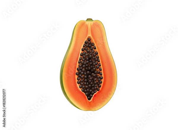 Obraz Ripe Papaya Halved Revealing Vibrant Orange Flesh and Numerous Dark Seeds with Green Rind and Natural Texture Isolated on Transparent Background High Detail Studio Lighting