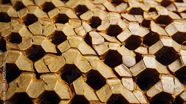 Fototapeta Abstract macro detail of an ancient, weathered sandstone carving with a complex honeycomb pattern creating a textured background