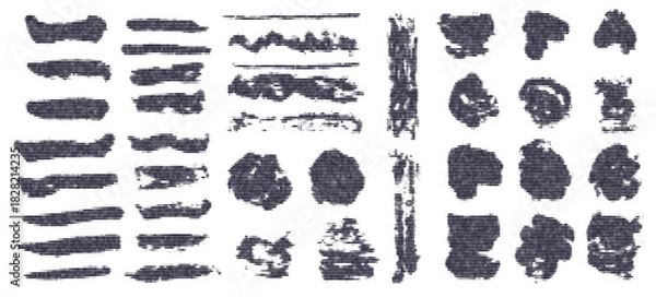 Fototapeta Grunge abstract set of black halftone lines pattern textured round shapes and brush strokes. Vector glitch paintbrush silhouette elements with stipple grain texture for graphic design