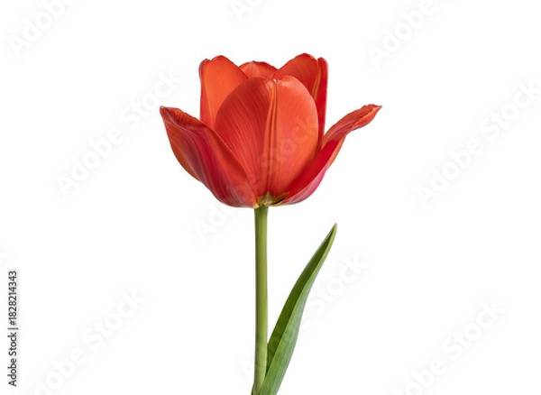 Fototapeta Single Orange Tulip Flower Stem and Leaf Isolated on Black Background Studio Shot