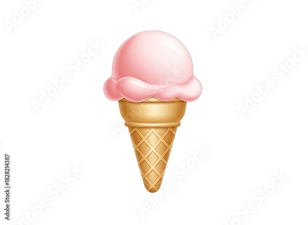 Fototapeta Single Scoop Strawberry Ice Cream Cone With Golden Waffle Texture Isolated On A Plain White Background With Soft Gradients And Smooth Shading Detailed Realistic Food Illustration