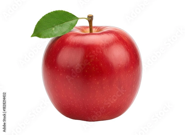 Fototapeta Single Vibrant Red Apple with a Single Green Leaf on Stem Isolated on Transparent Background with Detailed Texture and Natural Lighting