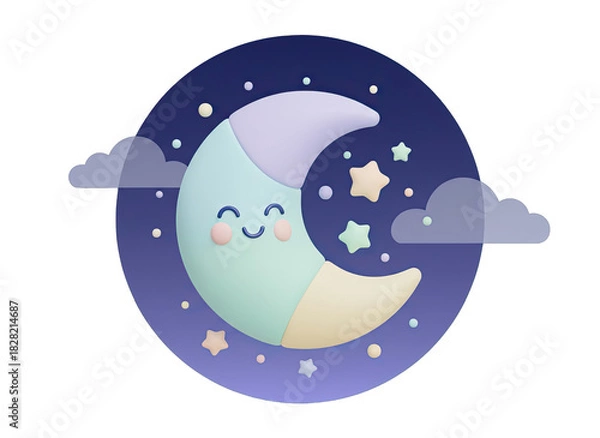 Fototapeta Smiling Crescent Moon Surrounded by Stars and Clouds on a Dark Blue Night Sky with Soft Pastel Shading and a Gentle Glow