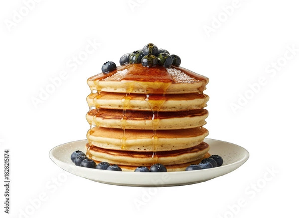 Fototapeta Stack Of Golden Brown Pancakes With Blueberries Powdered Sugar And Syrup On A White Plate Isolated On A Black Background