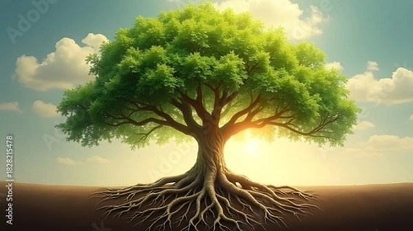 Fototapeta Magnificent tree with exposed roots under a glowing sky, symbolizing growth and strength