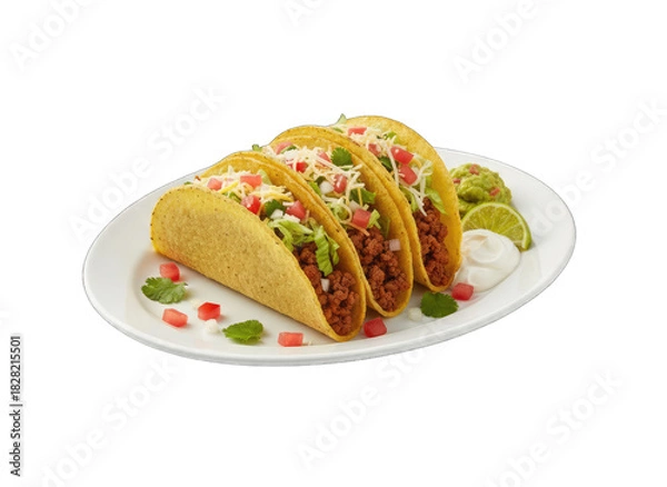 Fototapeta Three Crispy Ground Beef Tacos on a White Plate with Guacamole Sour Cream and Lime Garnishes Isolated on Black Background